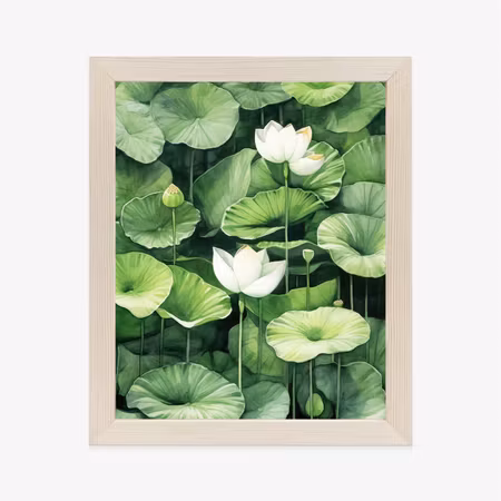 Poster med ram - White flowers among green lotus