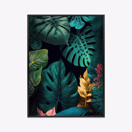 Poster med ram - Large tropical leaves on a black