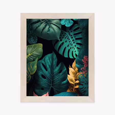 Poster med ram - Large tropical leaves on a black