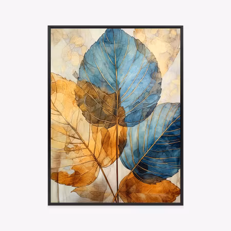 Poster med ram - Gold and blue watercolor leaves