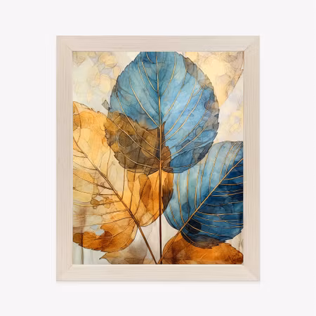 Poster med ram - Gold and blue watercolor leaves