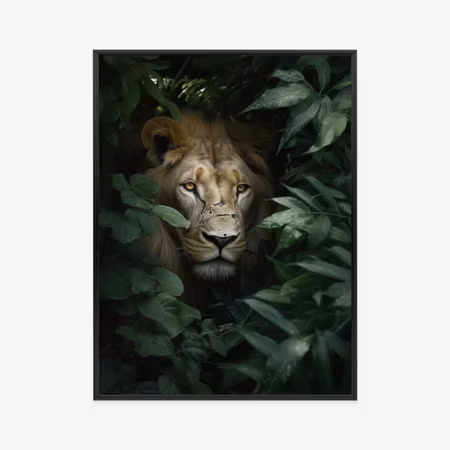 Poster med ram - Lion among green leaves in the