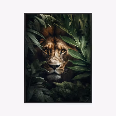 Poster med ram - Lion among tropical leaves