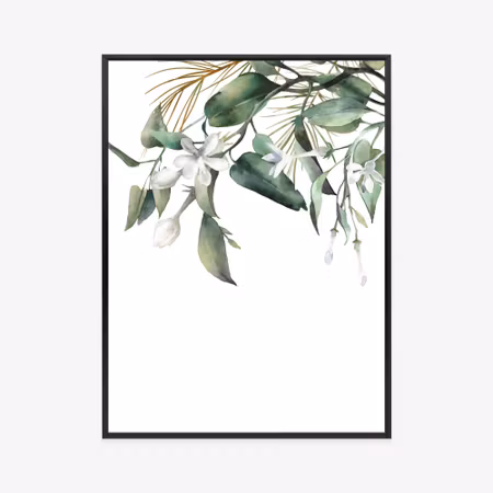 Poster med ram - White flowers on green watercolor