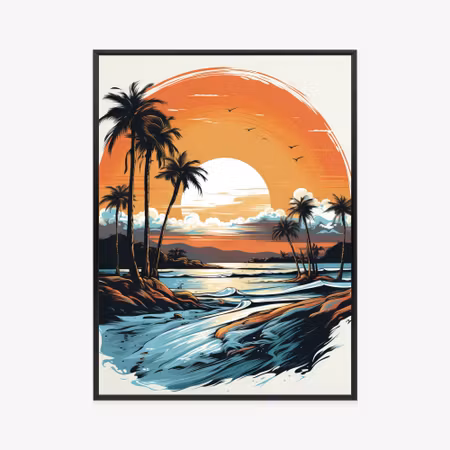 Poster med ram - Sunset with palm trees and sea