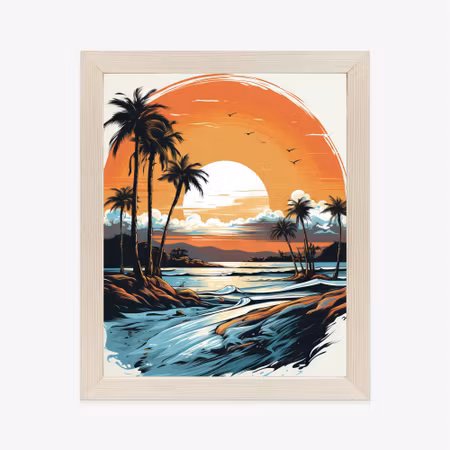 Poster med ram - Sunset with palm trees and sea