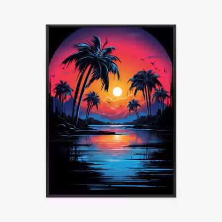 Poster med ram - Tropical sunset and palm trees