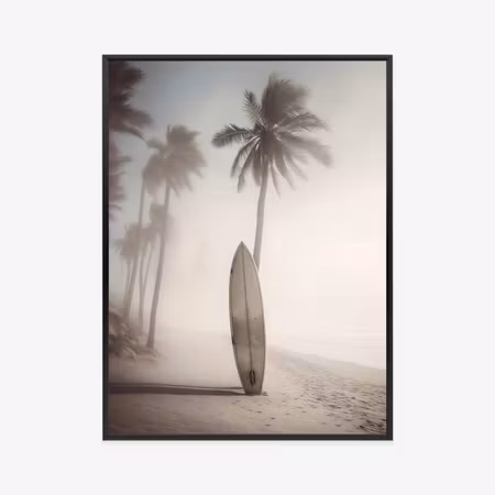 Poster med ram - Surfboard on the beach with palm