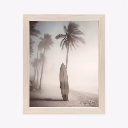 Poster med ram - Surfboard on the beach with palm