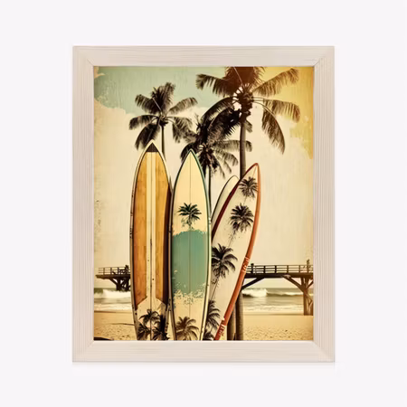 Poster med ram - Surfboards on the beach leaning