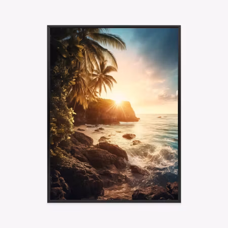 Poster med ram - Sunset with palm trees and rocky