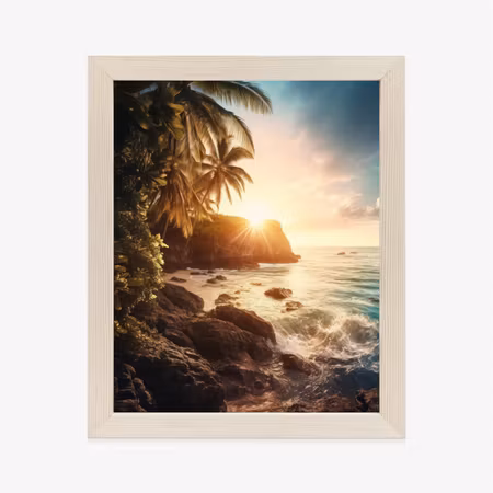 Poster med ram - Sunset with palm trees and rocky