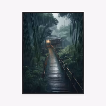 Poster med ram - Bamboo forest with bamboo house