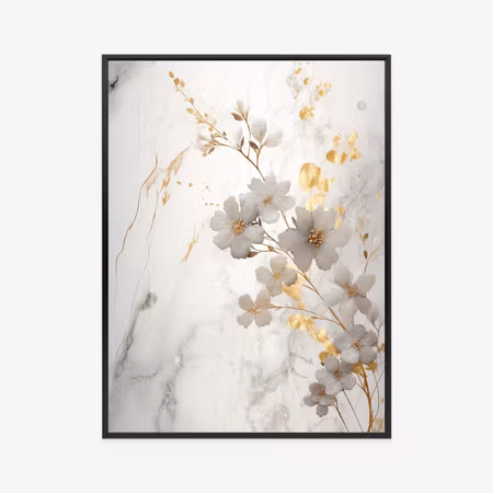 Poster med ram - White and gold flowers on marble