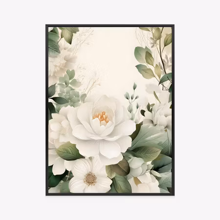 Poster med ram - White flowers with green leaves