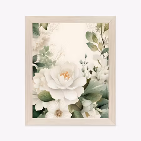 Poster med ram - White flowers with green leaves