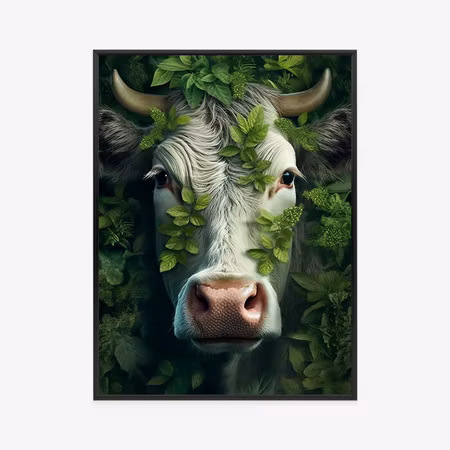 Poster med ram - A cow emerging from the leaves