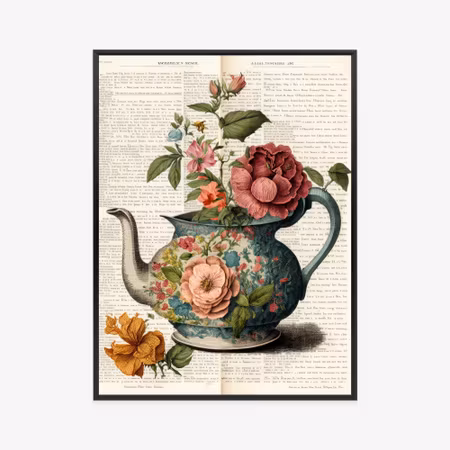 Poster med ram - Kettle with flowers and old
