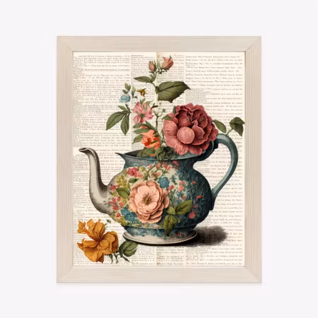 Poster med ram - Kettle with flowers and old