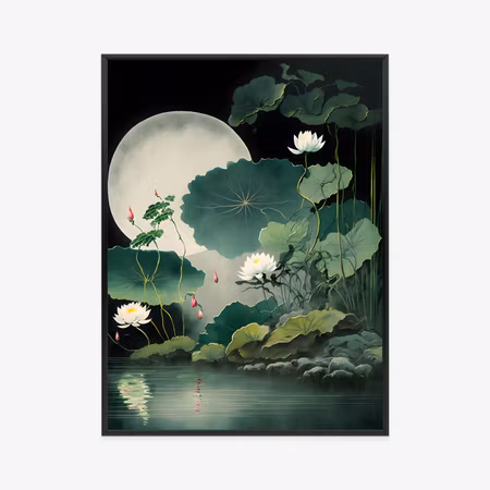 Poster med ram - Japanese lotus flowers and leaves
