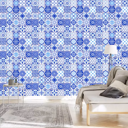 Tapet - Retro Blå Vit Mosaik