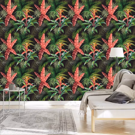 Tapet - Palmblad och Exotiska Blommor