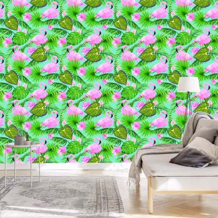 Tapet - Flamingos Blommor och Tropiska Löv