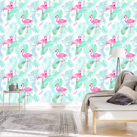 Tapet - Flamingos och Exotiska Blad i
