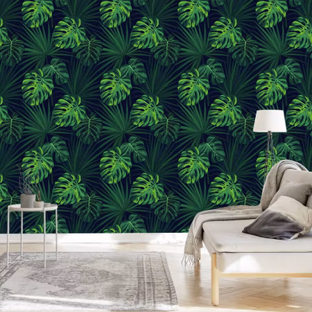 Tapet - Tropiska Monstera Lämnar på Mörk Bakgrund