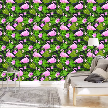 Tapet - Tropiskt Flamingoslöv och Blommor