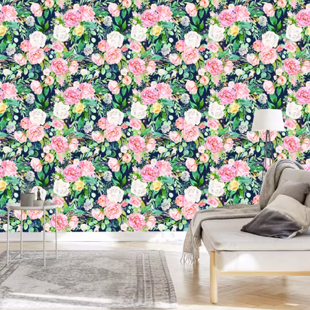 Tapet - Färgglada Blommor och Blad Målade med