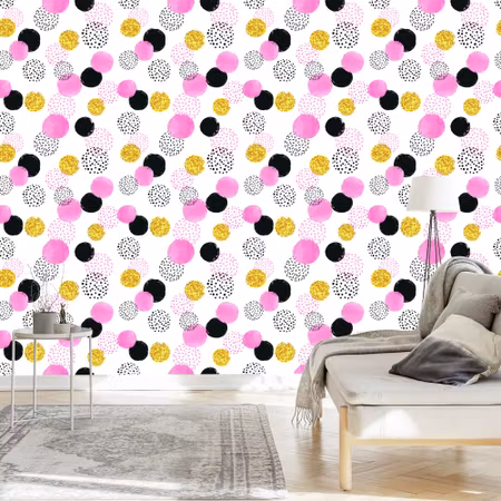 Tapet - Svarta Rosa och Gula Polka Dots
