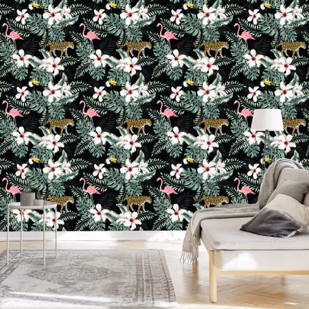 Tapet - Exotiska Blad Blommor och Djur