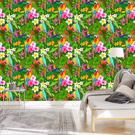 Tapet - Tropiska Papegojor Blad och Blommor