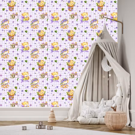Tapet - Teddybjörnar Blommor Löv för Flicka