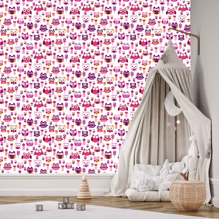 Tapet - För Flickrum Färgglada Ugglor Blommor