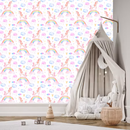 Tapet - För Flickor Pastell Rainbow Unicorns
