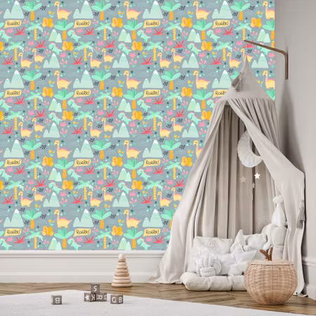 Tapet - För Barn Dinosaurier Träd Blommor Berg