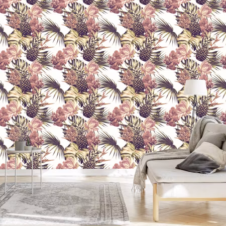 Tapet - Ananas med Monstera Blad och Blommor