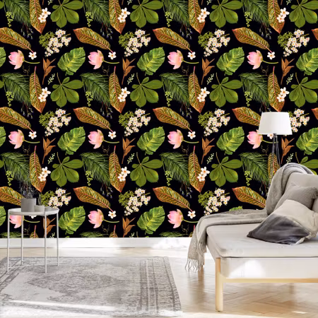 Tapet - Tropiska Blommor Bland Blad