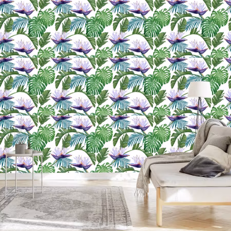 Tapet - Violett Blommor med Blad