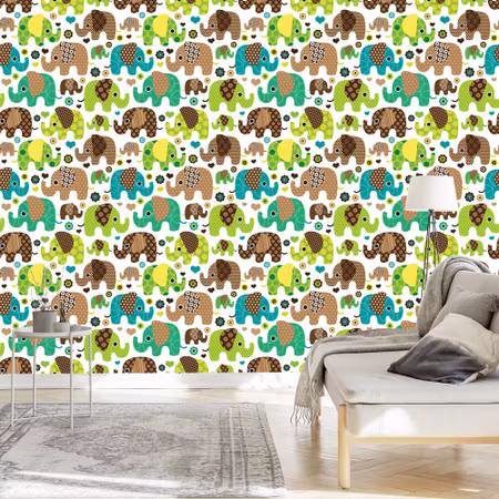 Tapet - För Barn Elefanter Djur Blommor Hjärtan