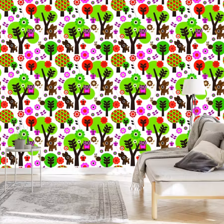 Tapet - För Barn Skogsdjur Färgglada Blommor och