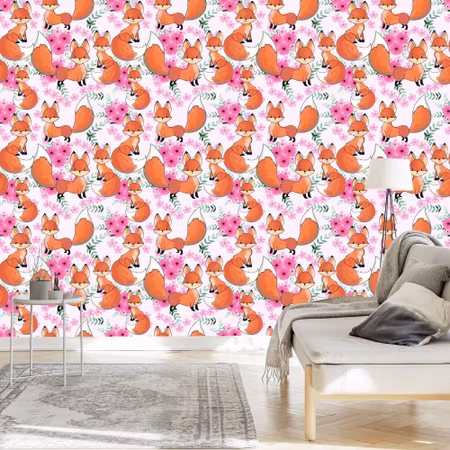 Tapet - Härliga Rävar med Blommor