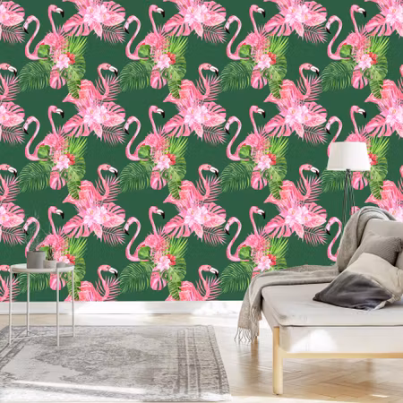 Tapet - För Vardagsrummet Flamingos Fåglar Blommor