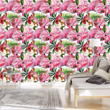 Tapet - För Vardagsrum Flamingos Rosor Blommor Löv