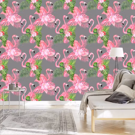 Tapet - Flamingos Fåglar Gröna Löv
