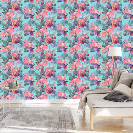 Tapet - Flamingos Blommor Löv Natur Sovrum