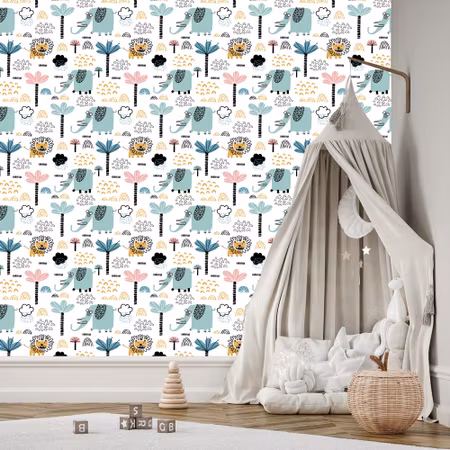 Tapet - Savanna Lions Elephants Trees Boy Room