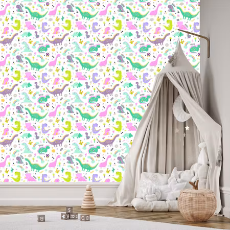 Tapet - För Barn Dinosaurier Blommor Kaktusar